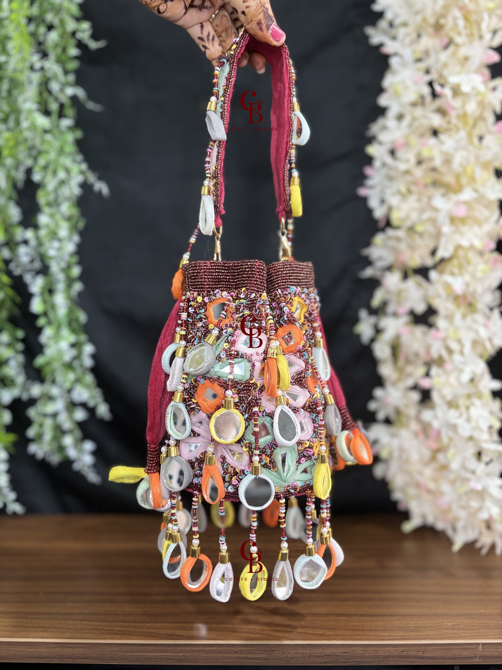 Multi Mirror Drop Potli - Gold, Red and Grey