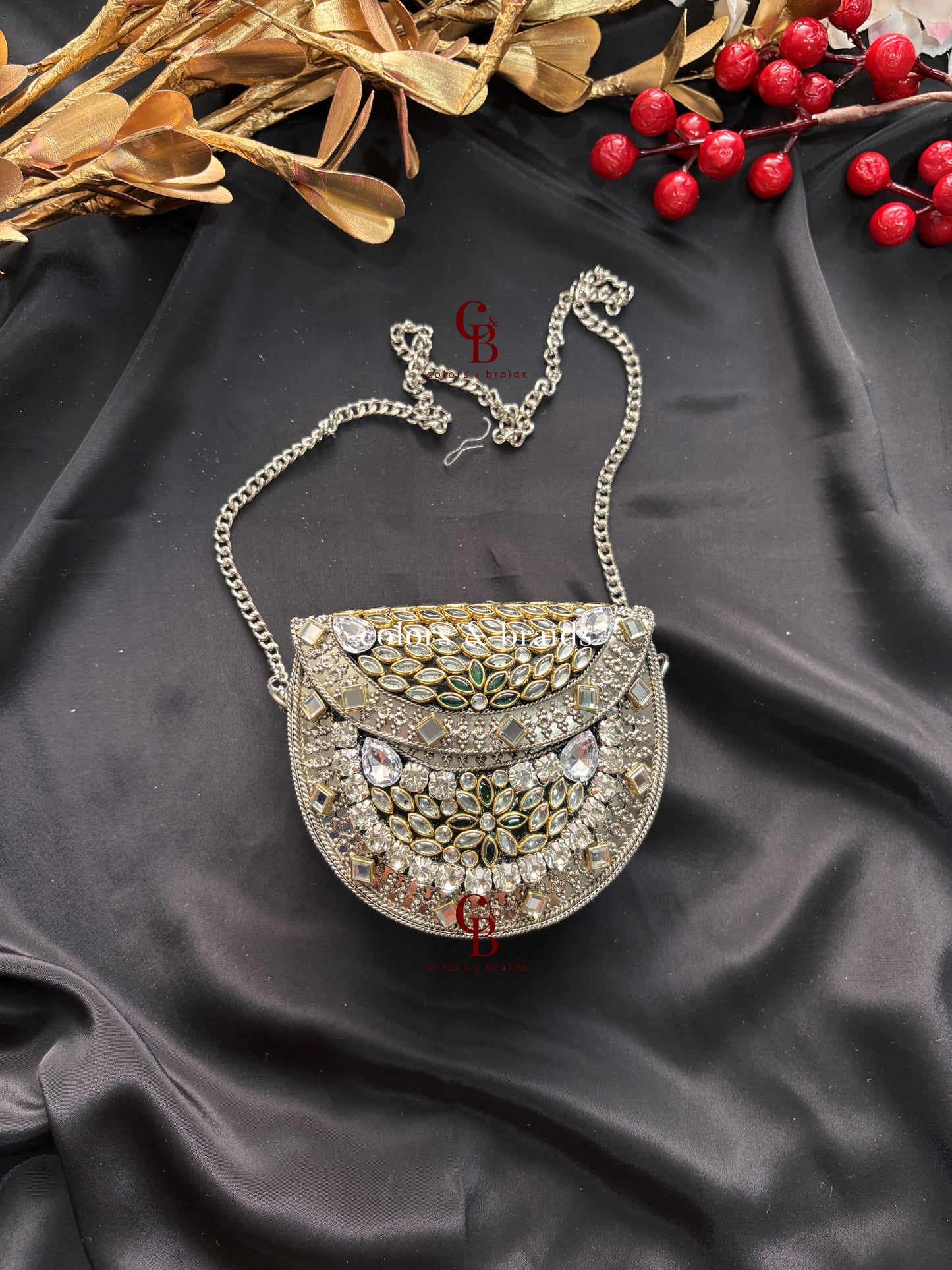 Zohra Mini Kundan Clutch - SIlver