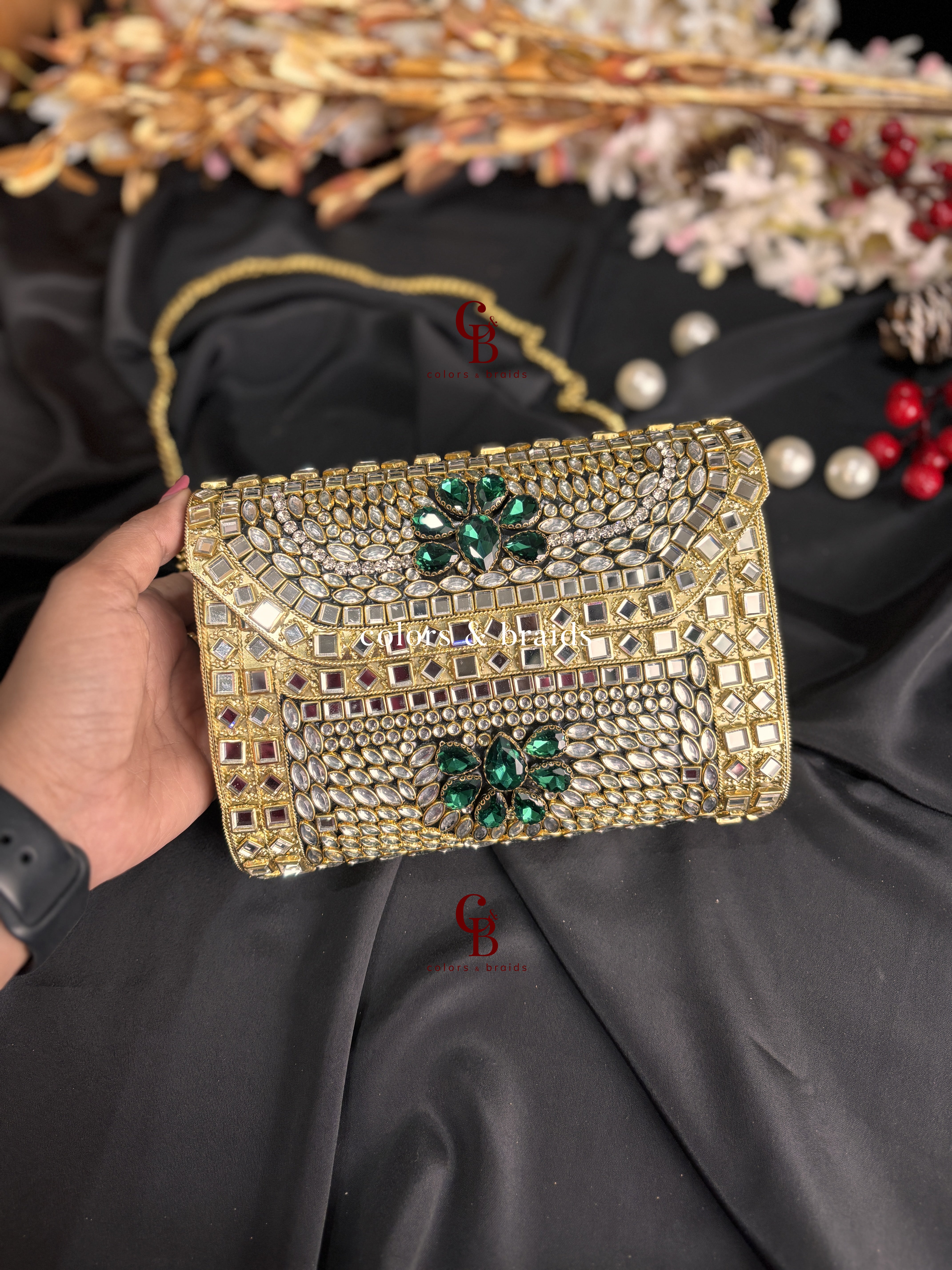 Alira Kundan and Green Crystal Clutch