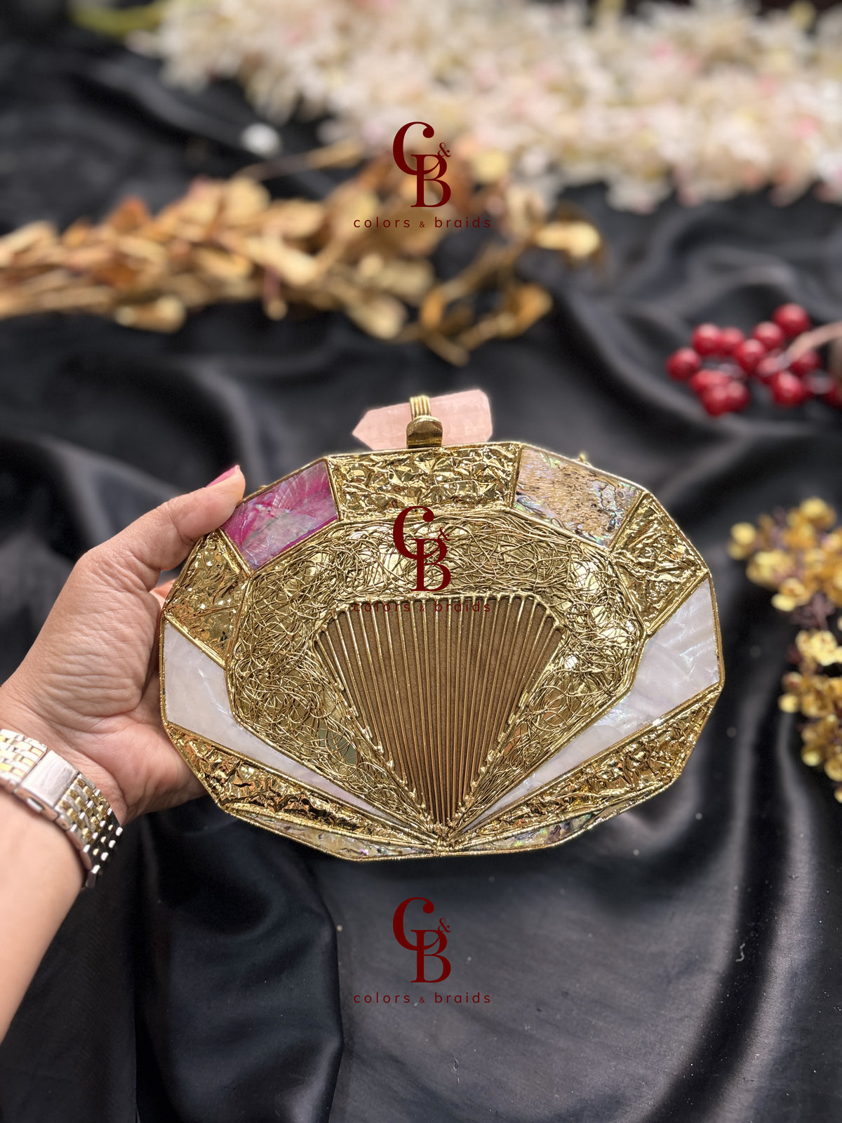 Zivika Mother of Pearl Brass Clutch