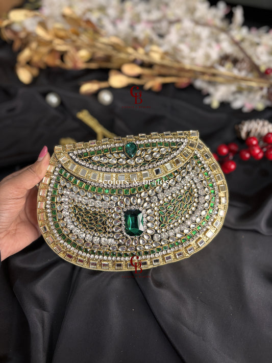 Aafreen Green Crystal Kundan Clutch