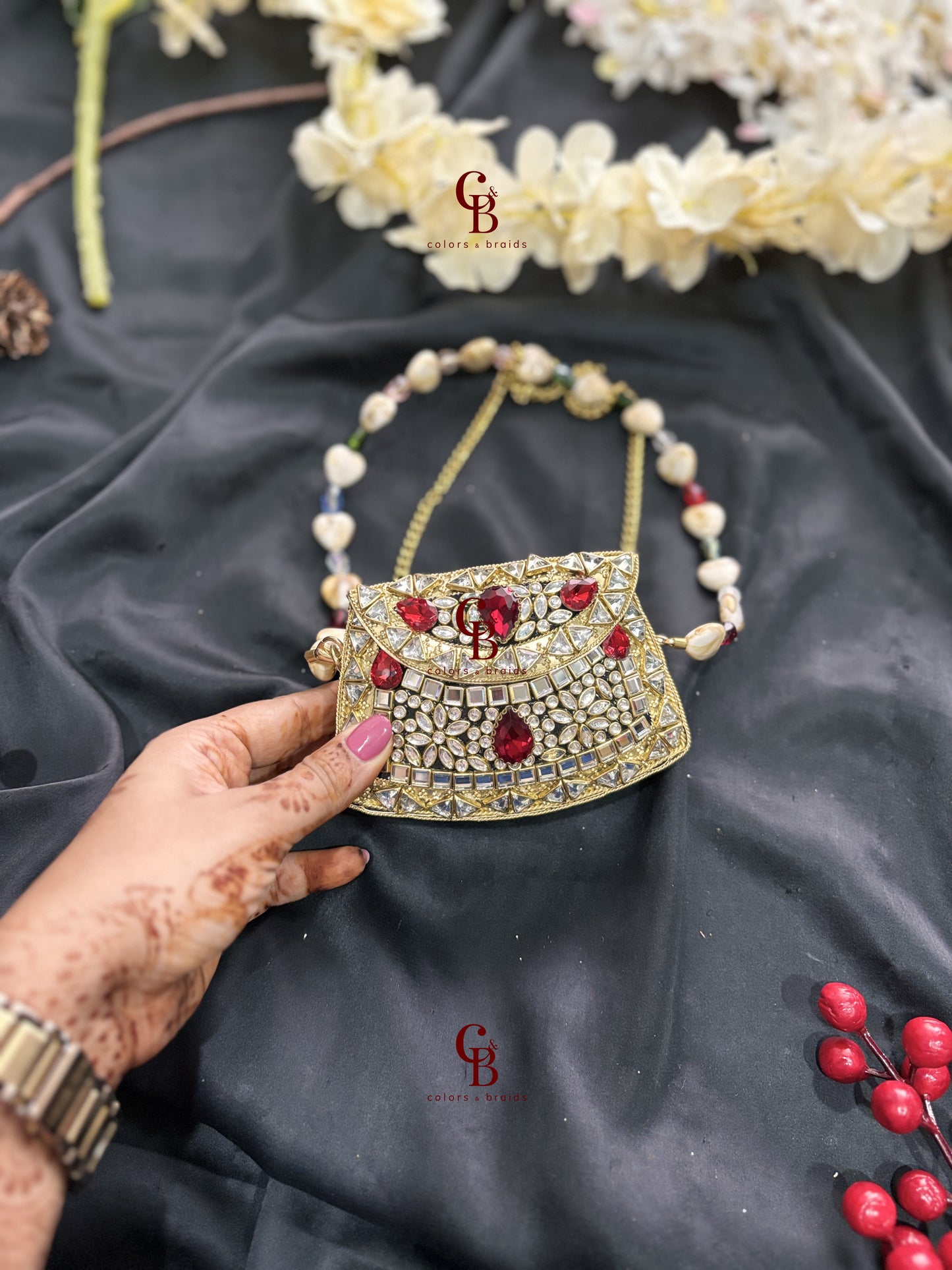 Mini Brass Clutch - Red Kundan Stones