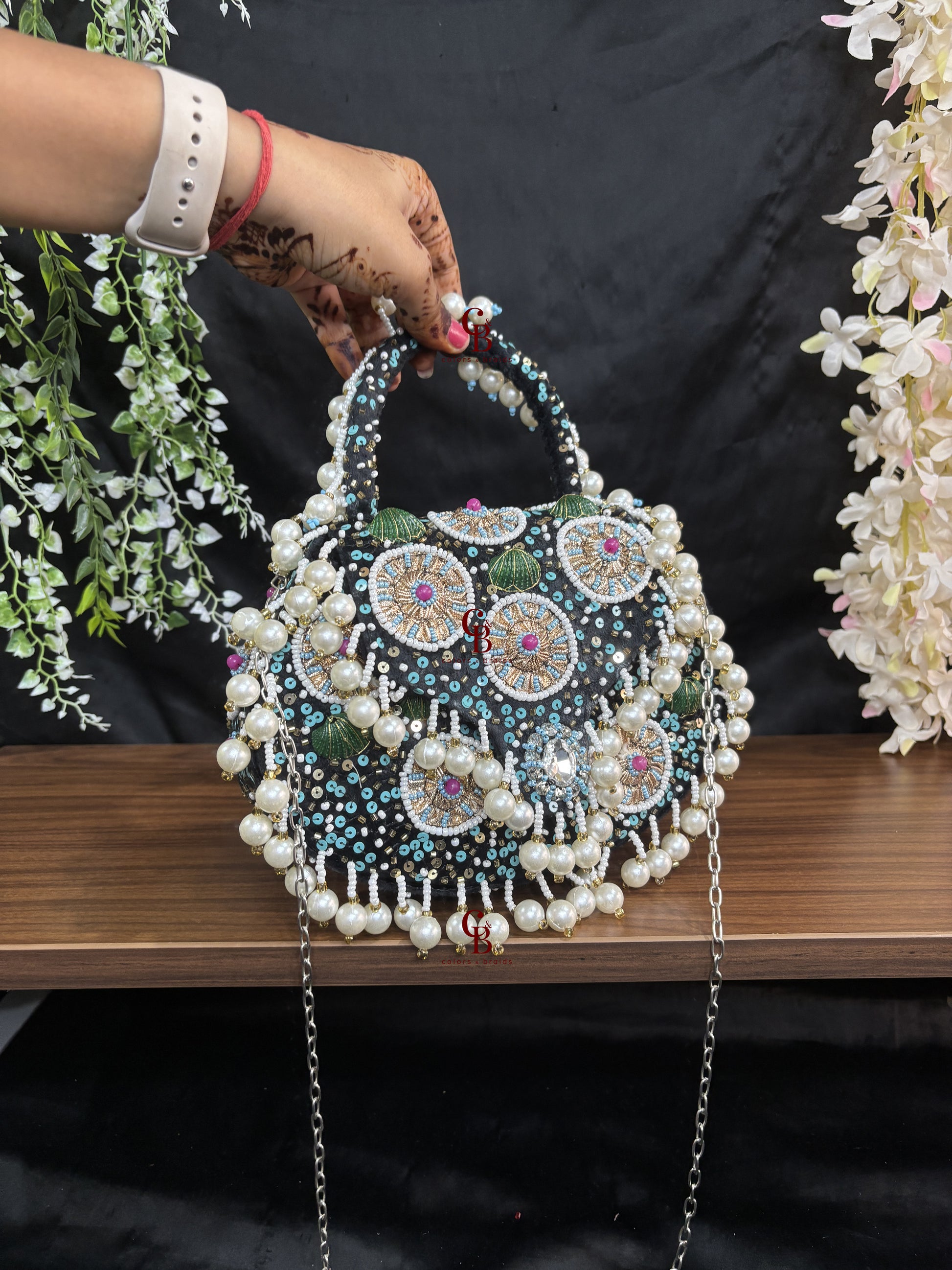 Meher Flap bag - Pearl hangings In Black and Beige