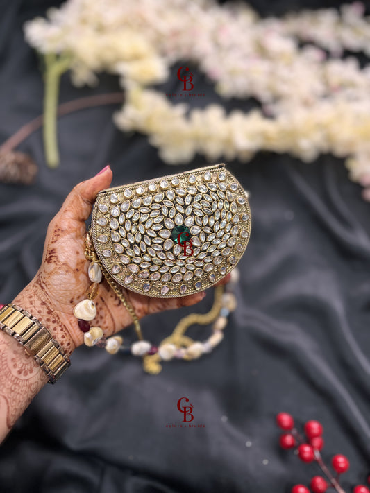 Mini Brass Clutch - Green Kundan Stones