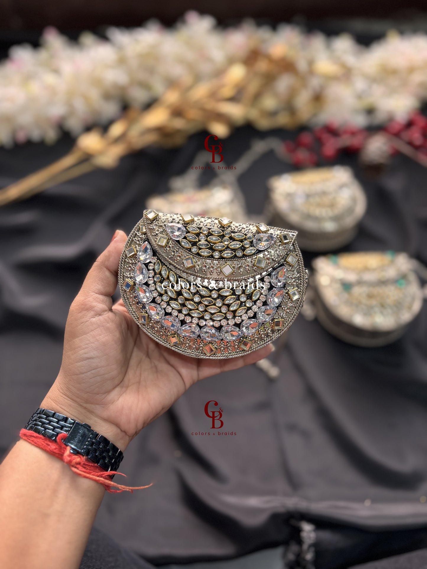 Zohra Mini Kundan Clutch - SIlver