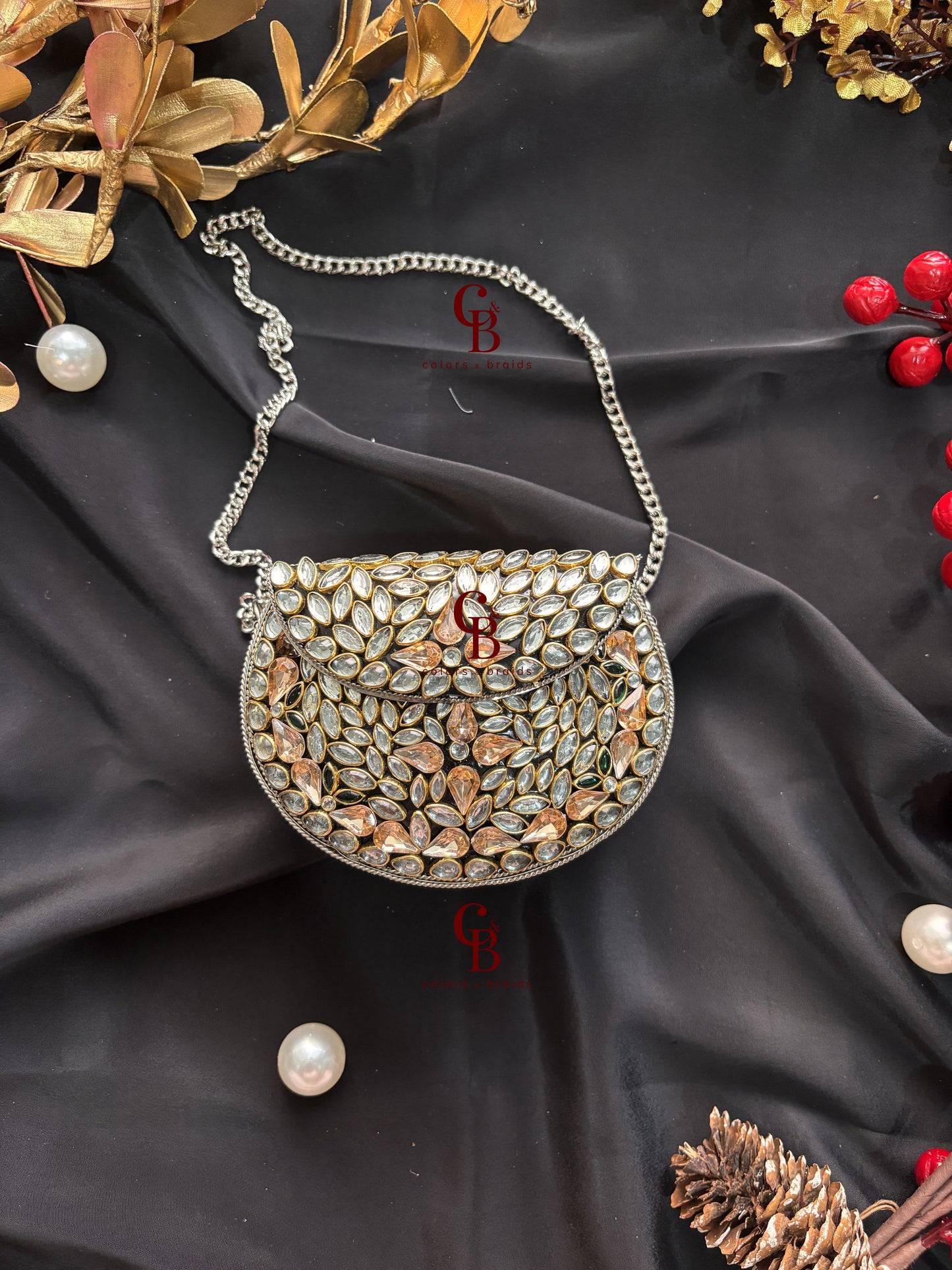 Siya Kundan Clutch - Peach Crystals
