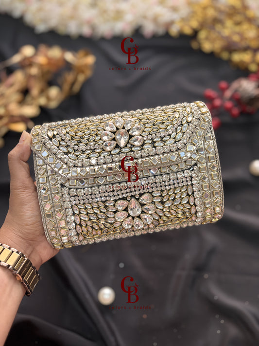 Alira Kundan Clutch in Silver