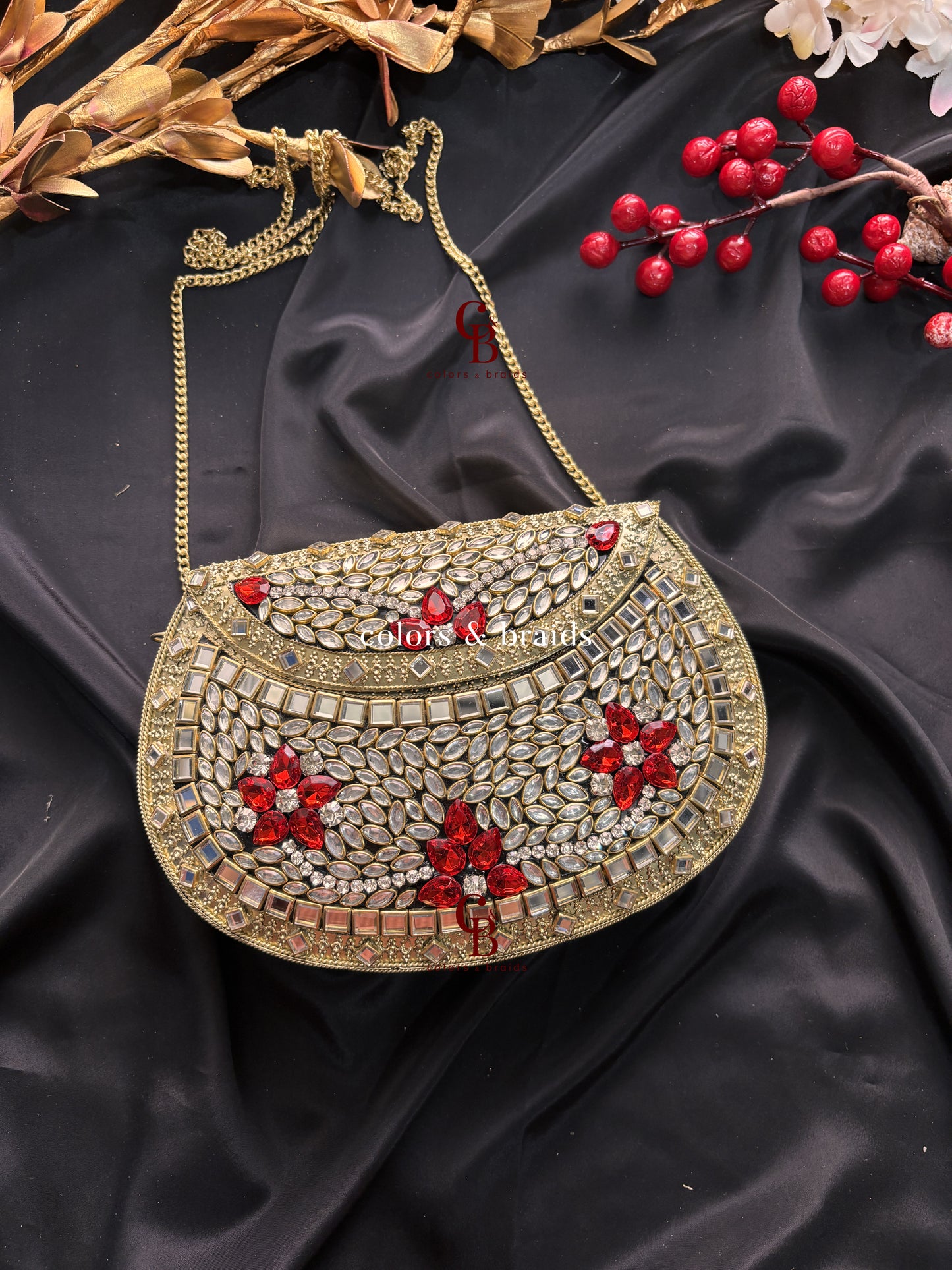 Rosa Kundan Metal Clutch