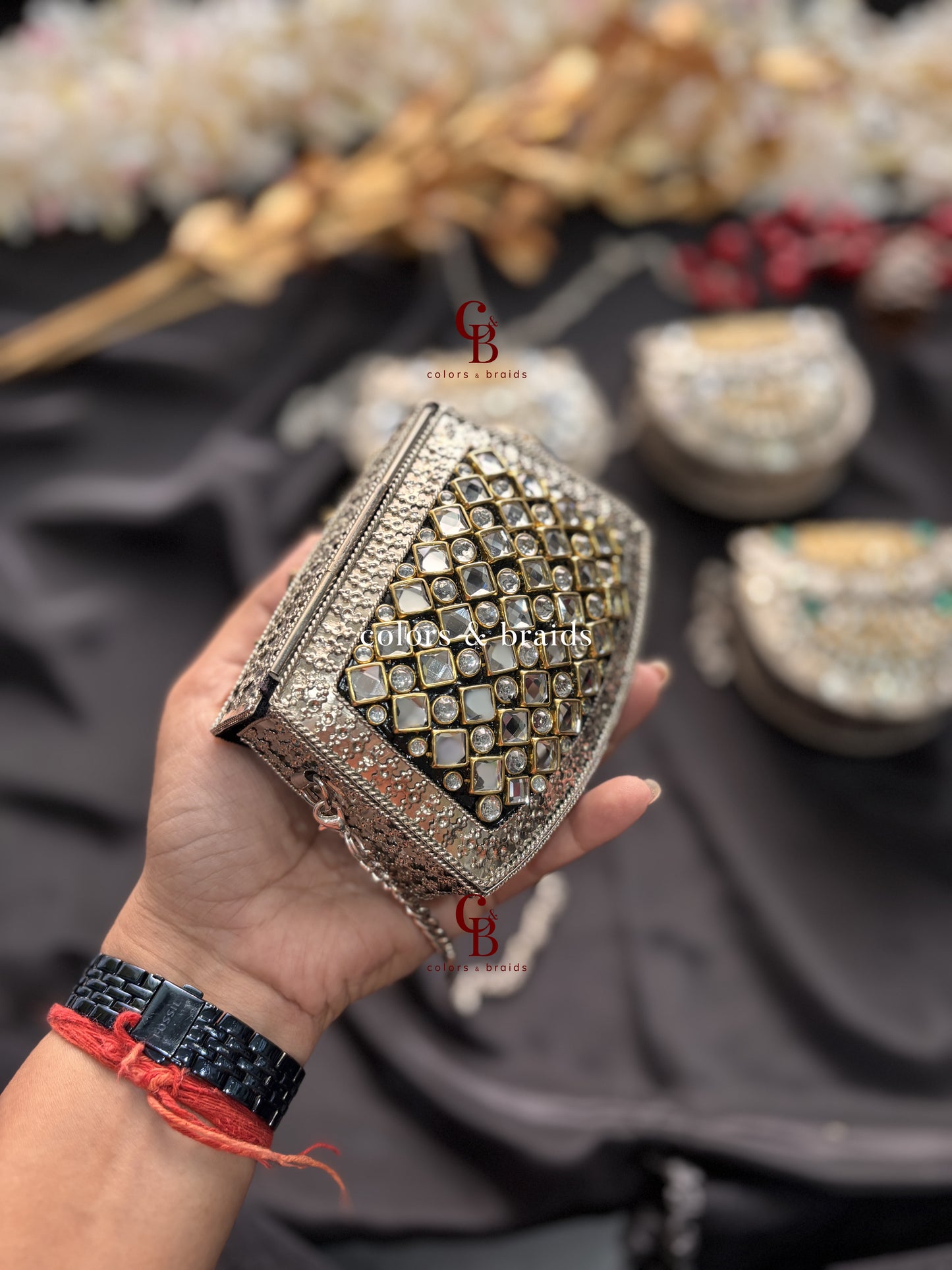 Zohra Mini Kundan Clutch - SIlver