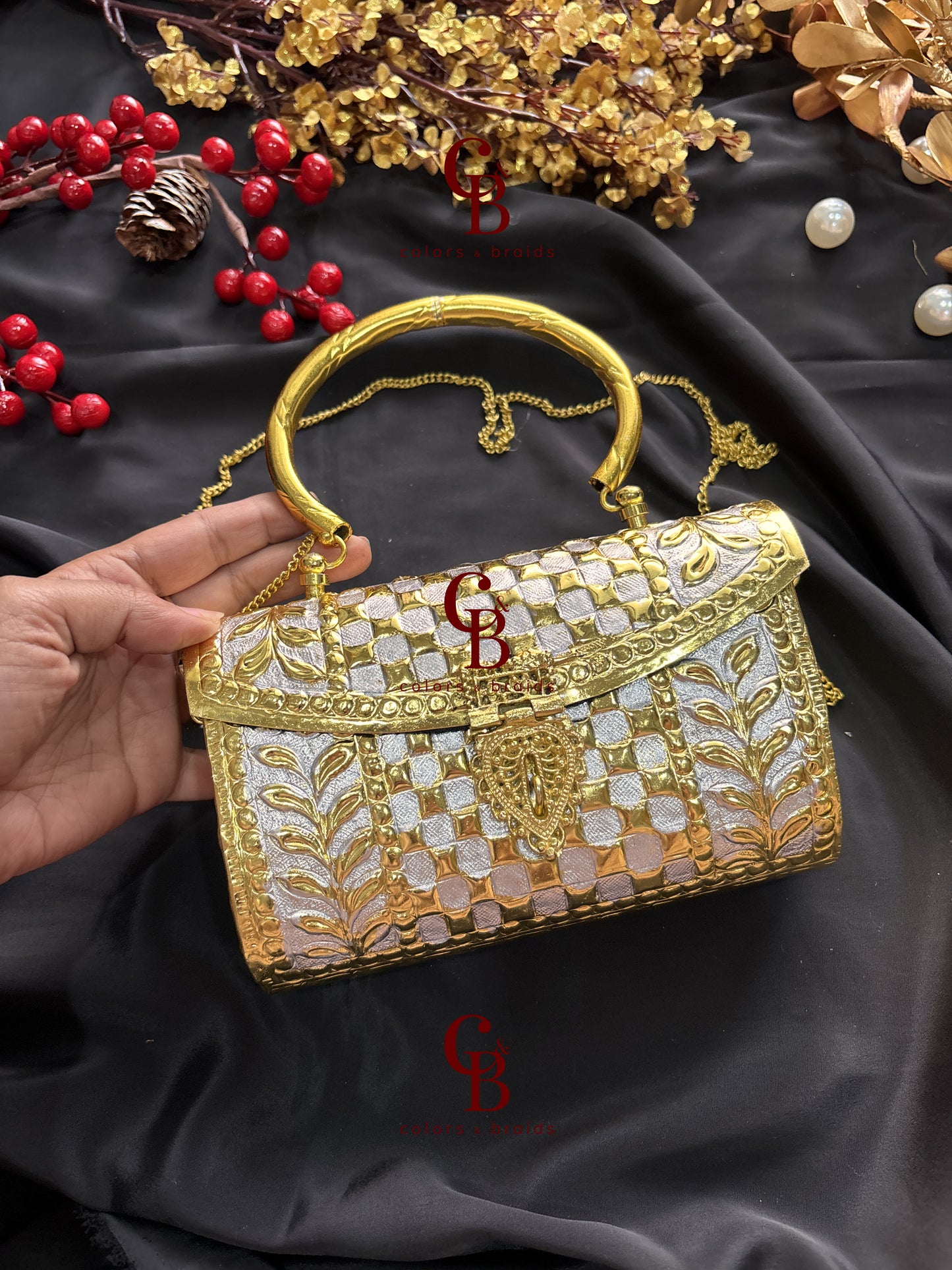 Checks Brass Clutch - Golden and ISil