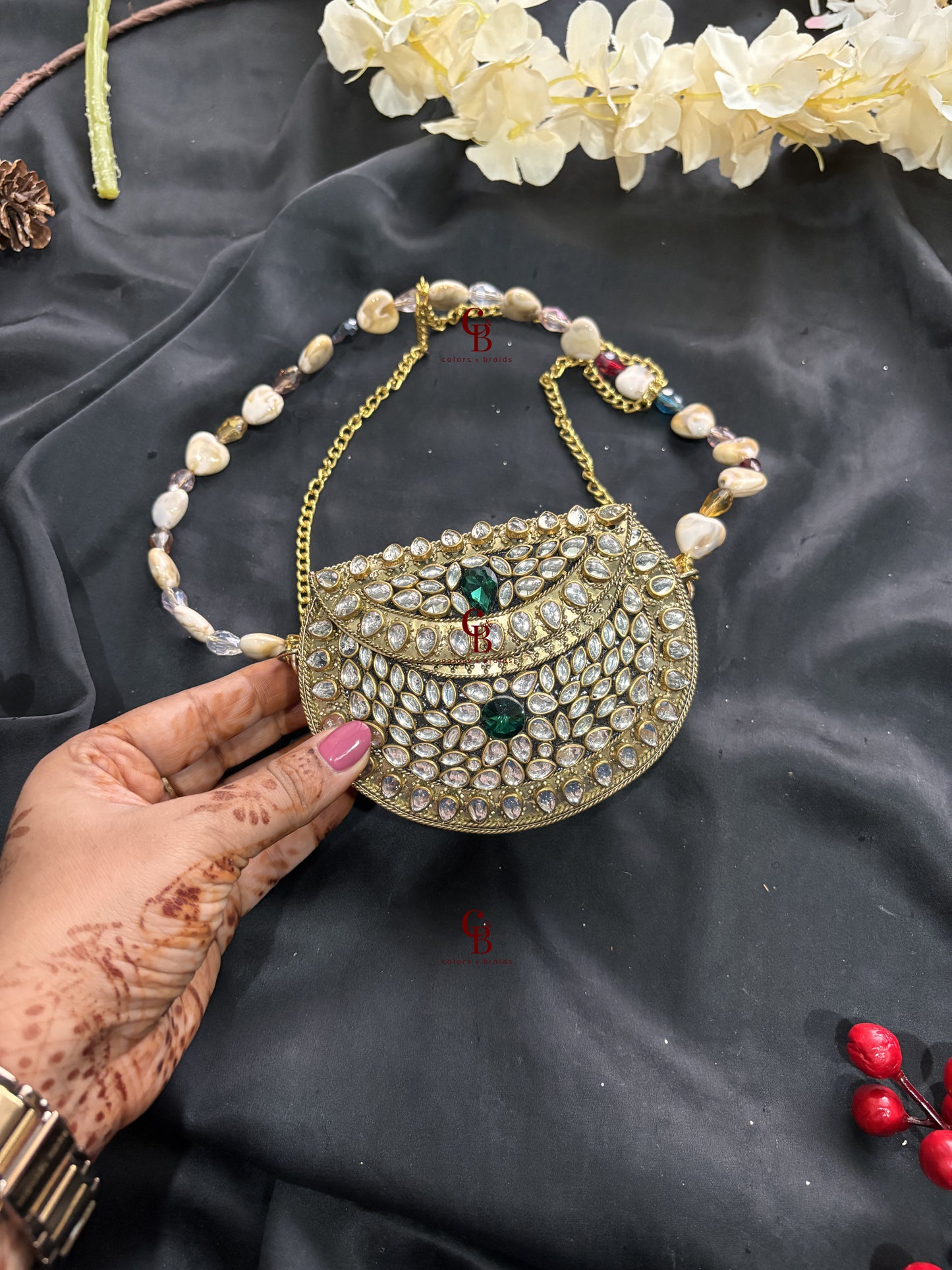 Mini Brass Clutch - Green Kundan Stones