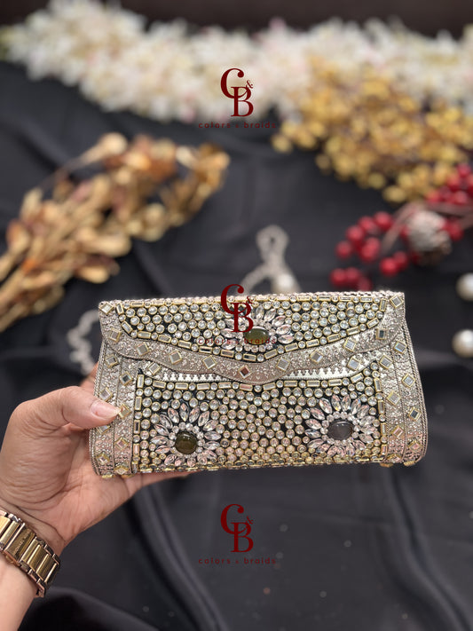Tanira Kundan Clutch SIlver Base