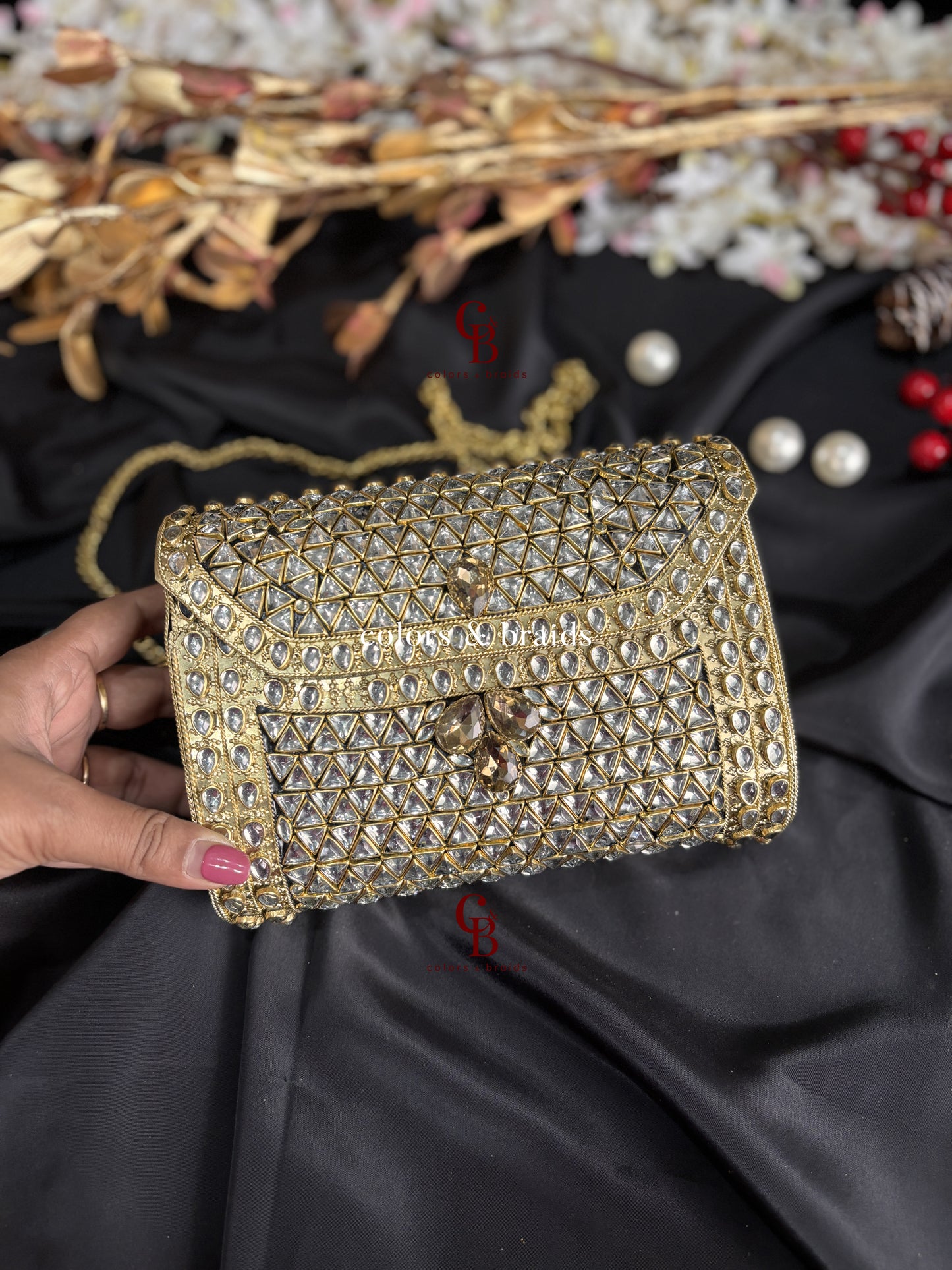 Alira Kundan and Green Crystal Clutch