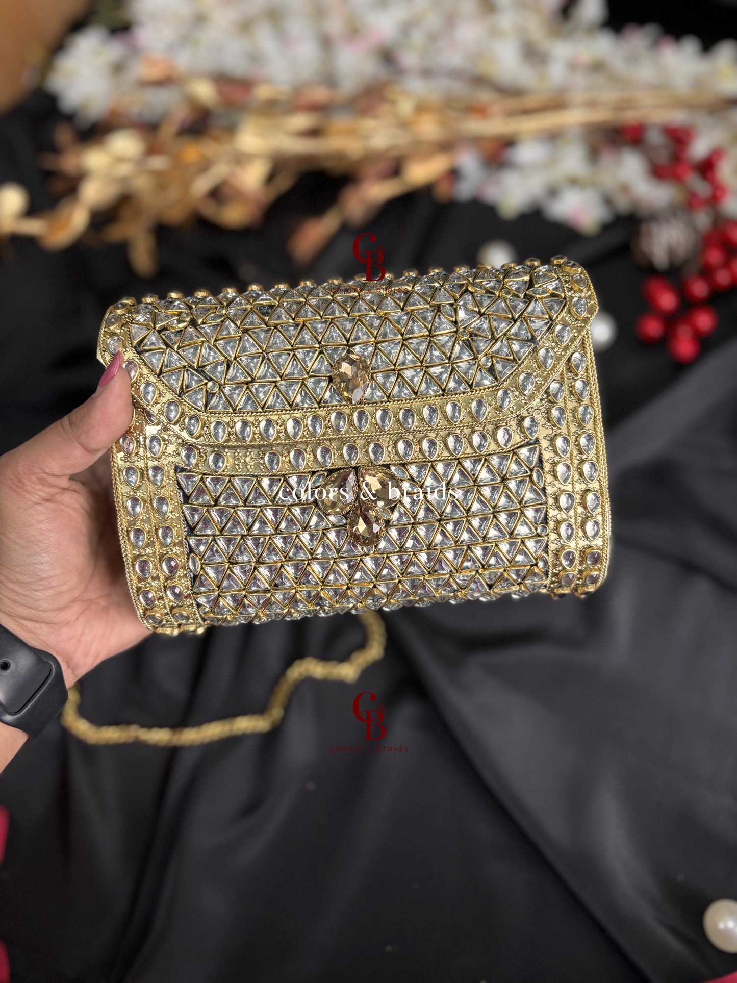 Alira Kundan and Green Crystal Clutch
