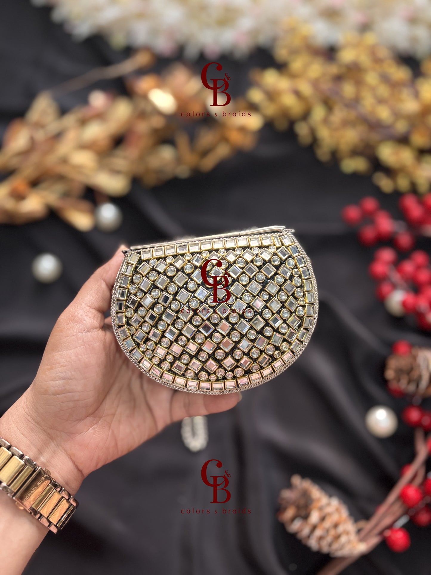 Siya Kundan Clutch - Peach Crystals