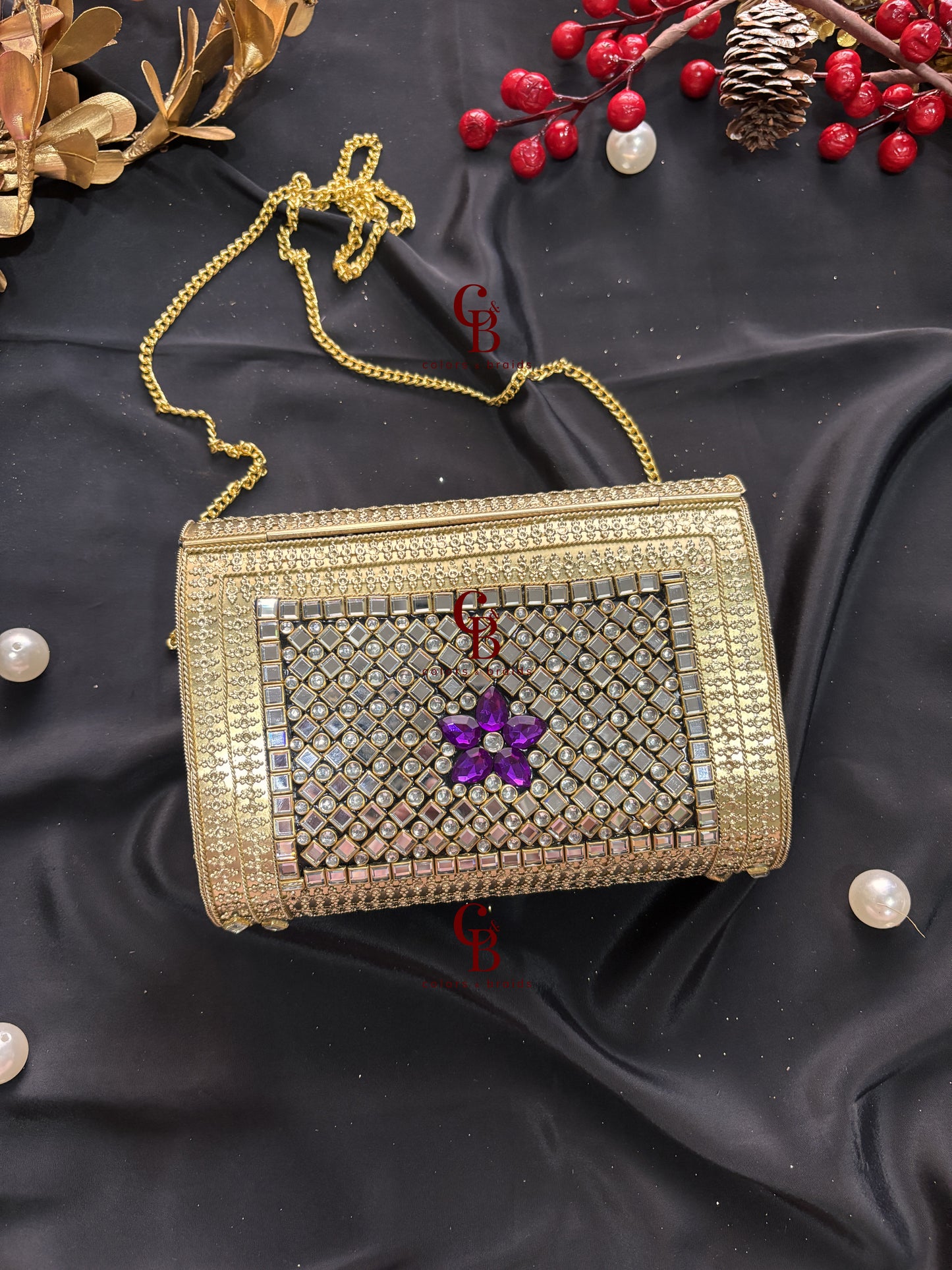 Amaya Kundan Clutch - Purple and Blue Crystals
