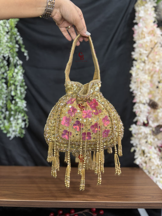 Pink Flower Potli - Gold Base