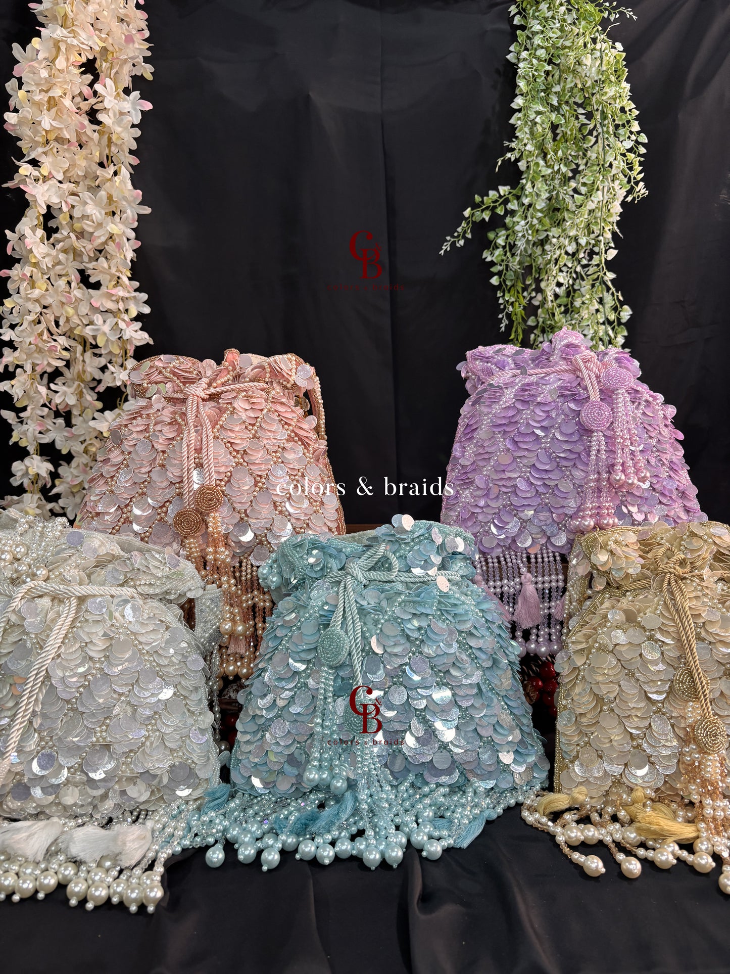 Big Sequin Potli with Feather and Pearl Tassels