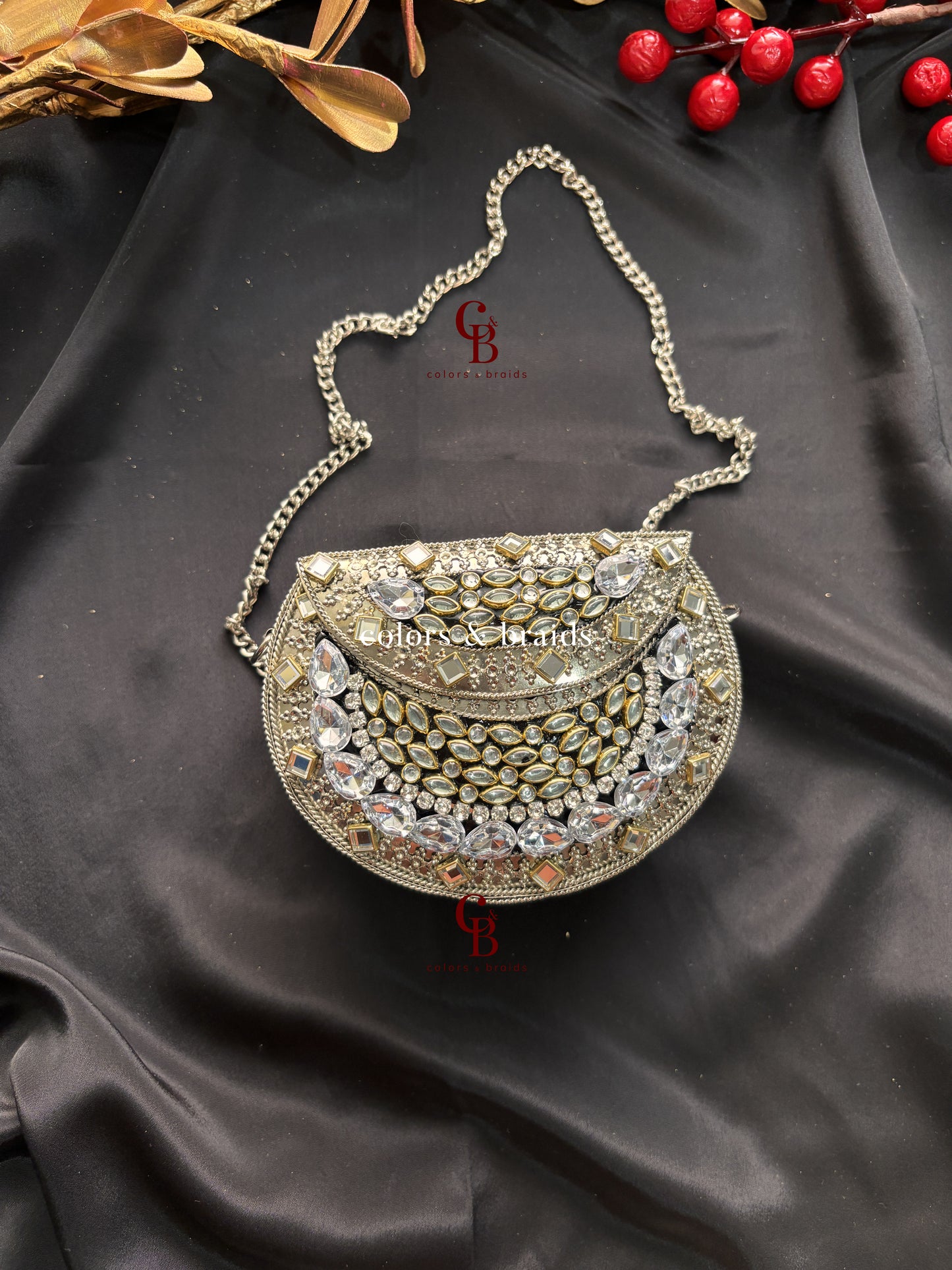 Zohra Mini Kundan Clutch - SIlver