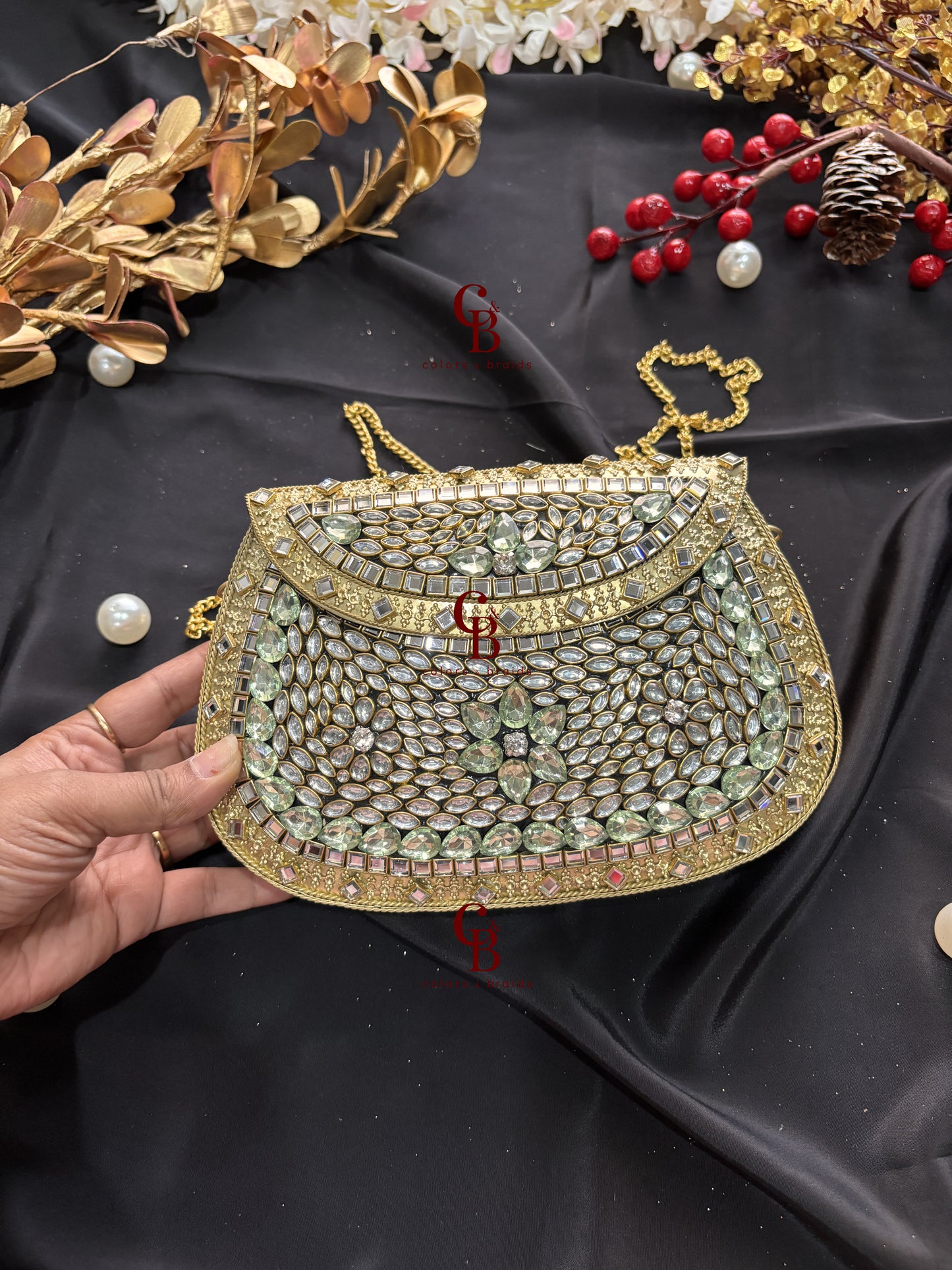 Mehak Kundan Clutch - Mint Green Crystals
