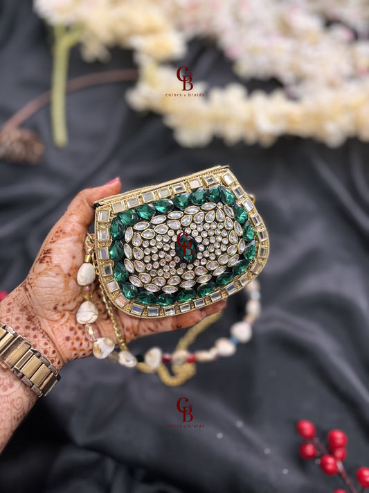 Mini Brass Clutch - Green Crystals and Kundan stones