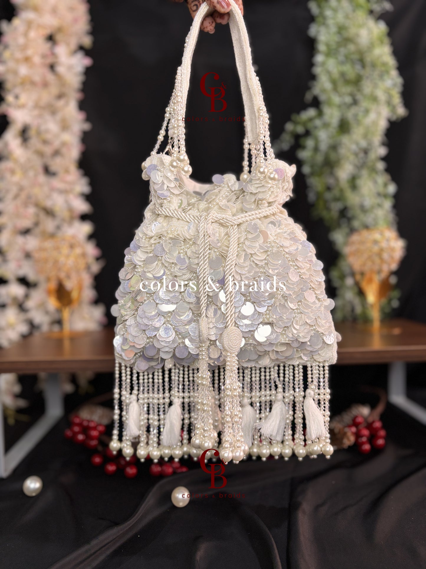Big Sequin Potli with Feather and Pearl Tassels