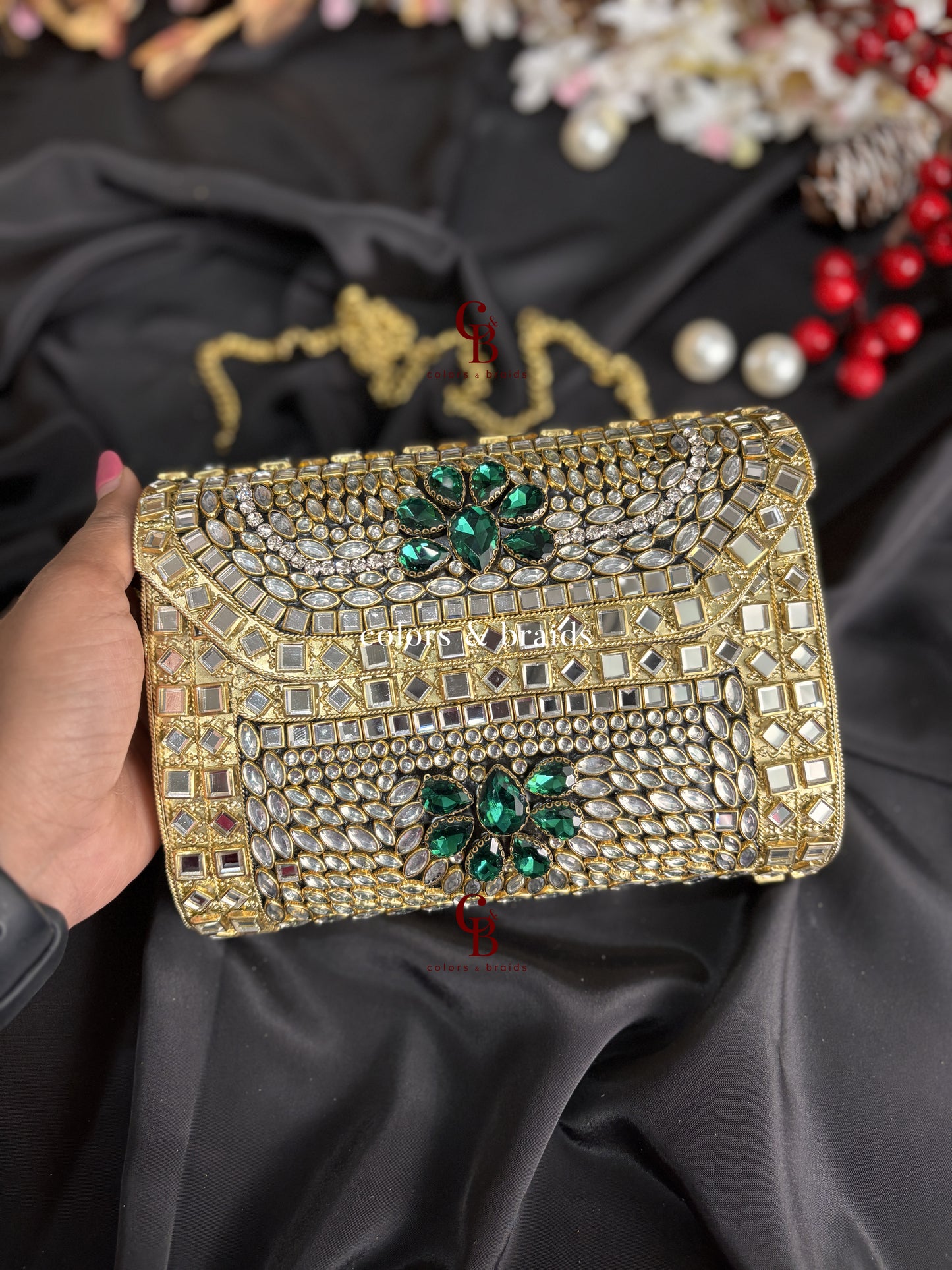 Alira Kundan and Green Crystal Clutch