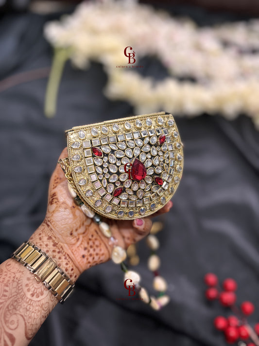 Red Kundan Mini Brass Clutch