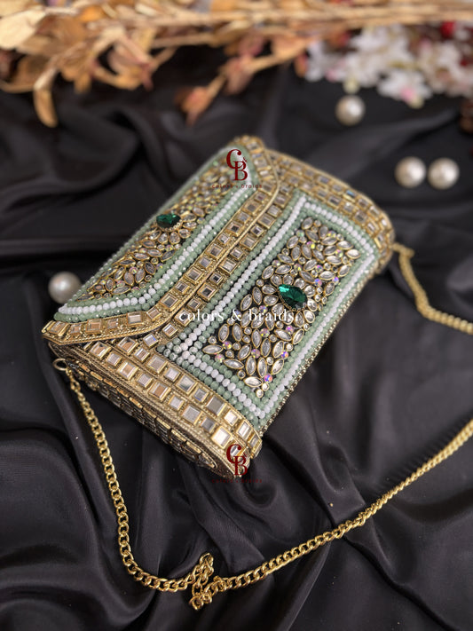 Isla Kundan and Green Crystal Clutch