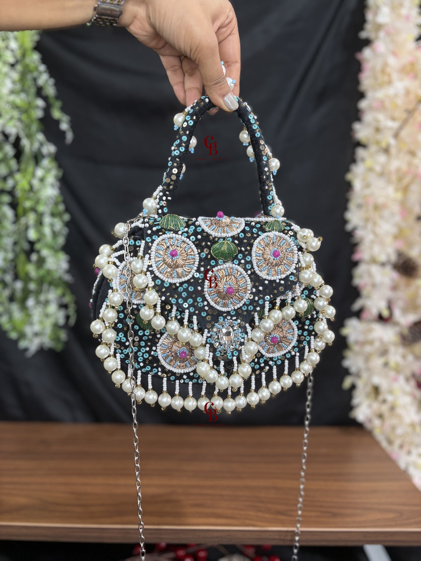 Meher Flap bag - Pearl hangings In Black and Beige