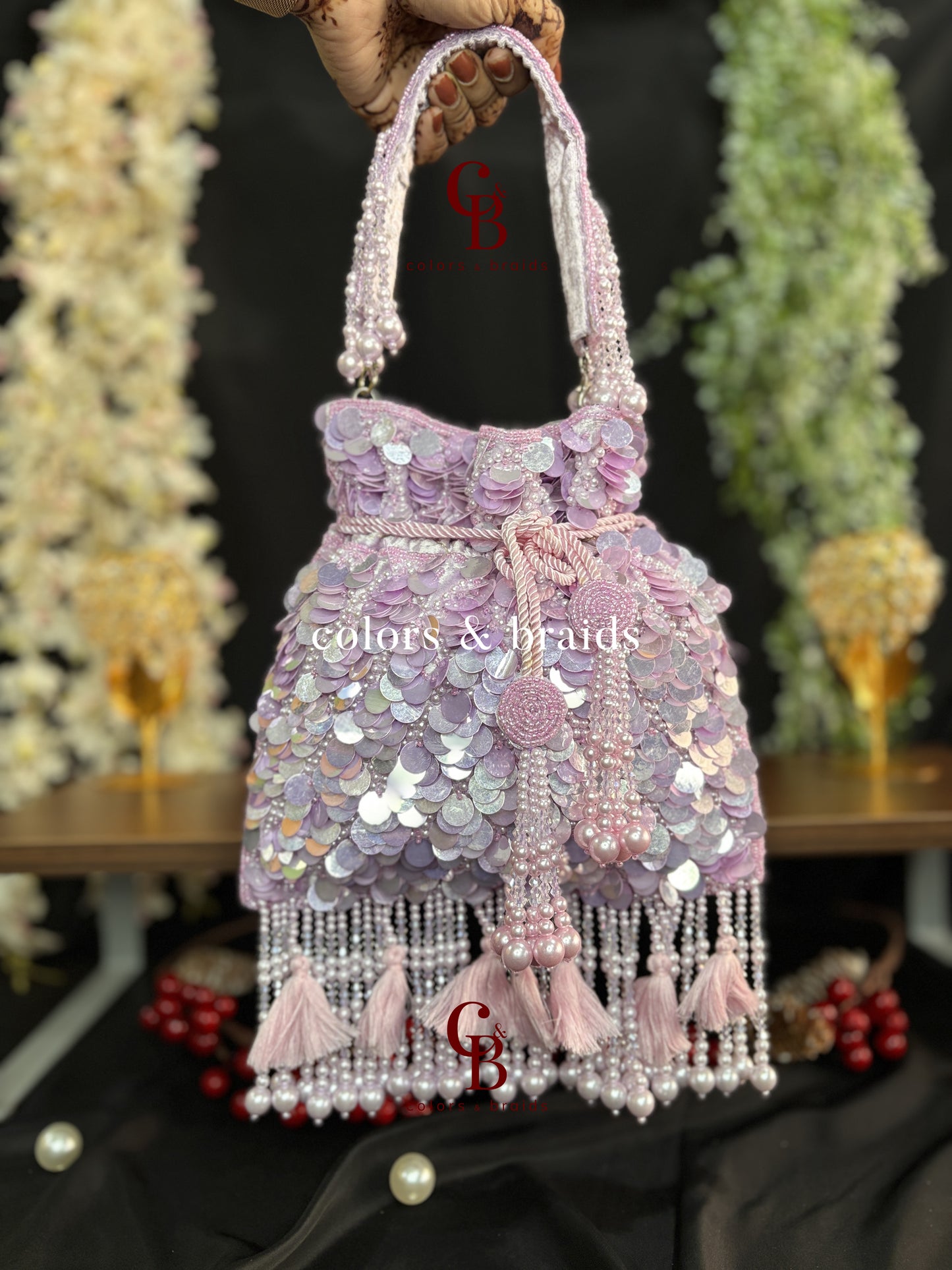 Big Sequin Potli with Feather and Pearl Tassels