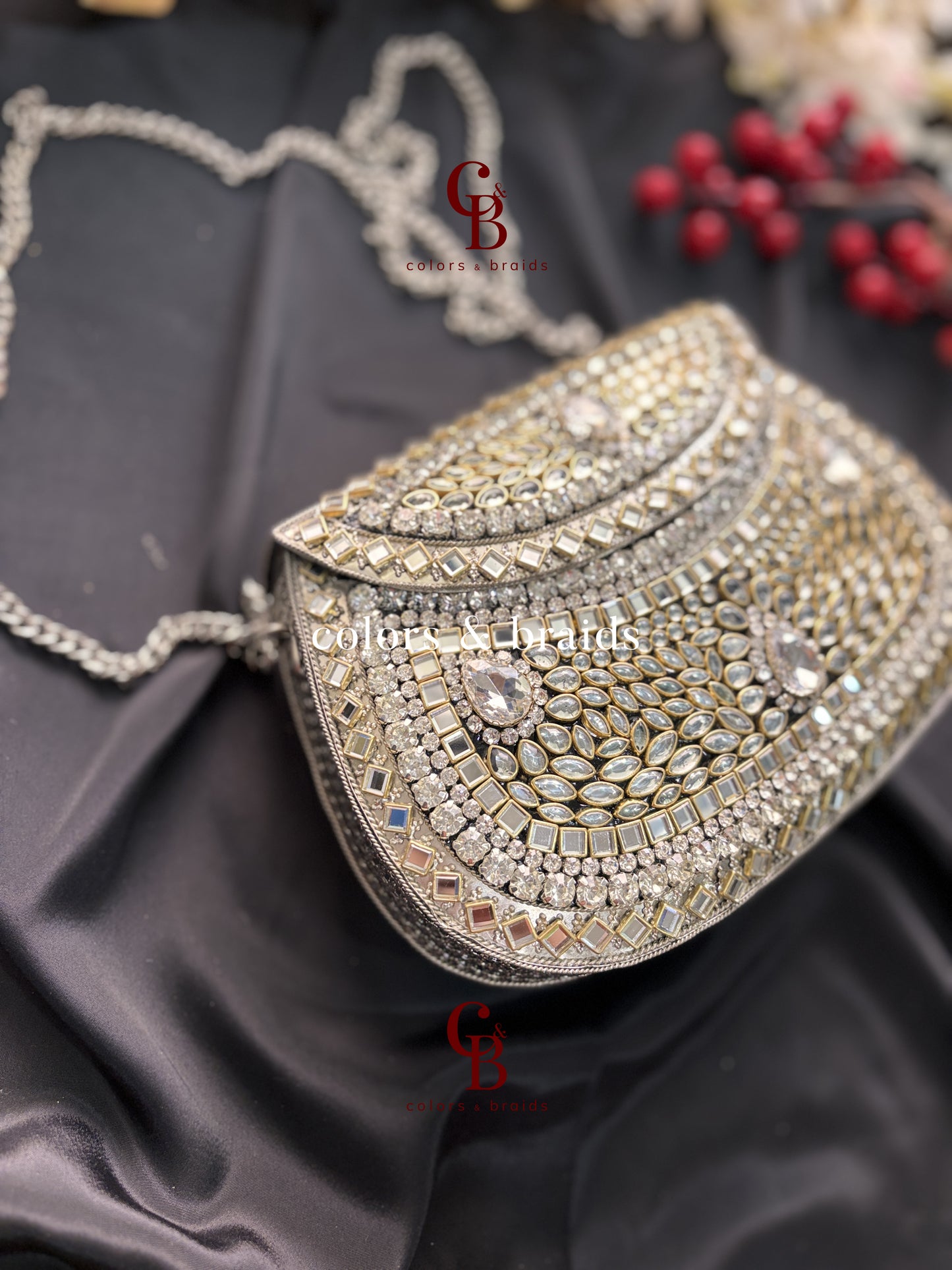 Aafreen Silver Kundan Metal Clutch
