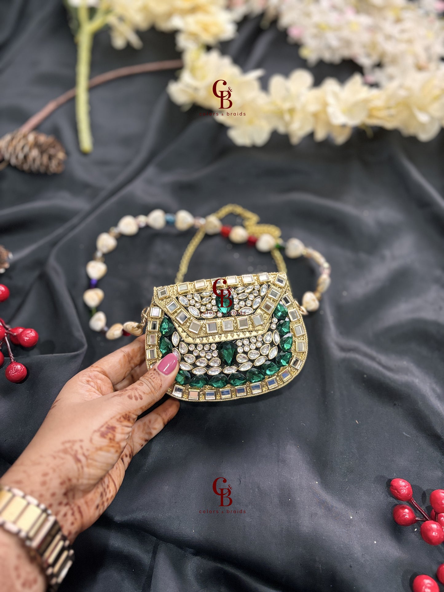 Mini Brass Clutch - Green Crystals and Kundan stones