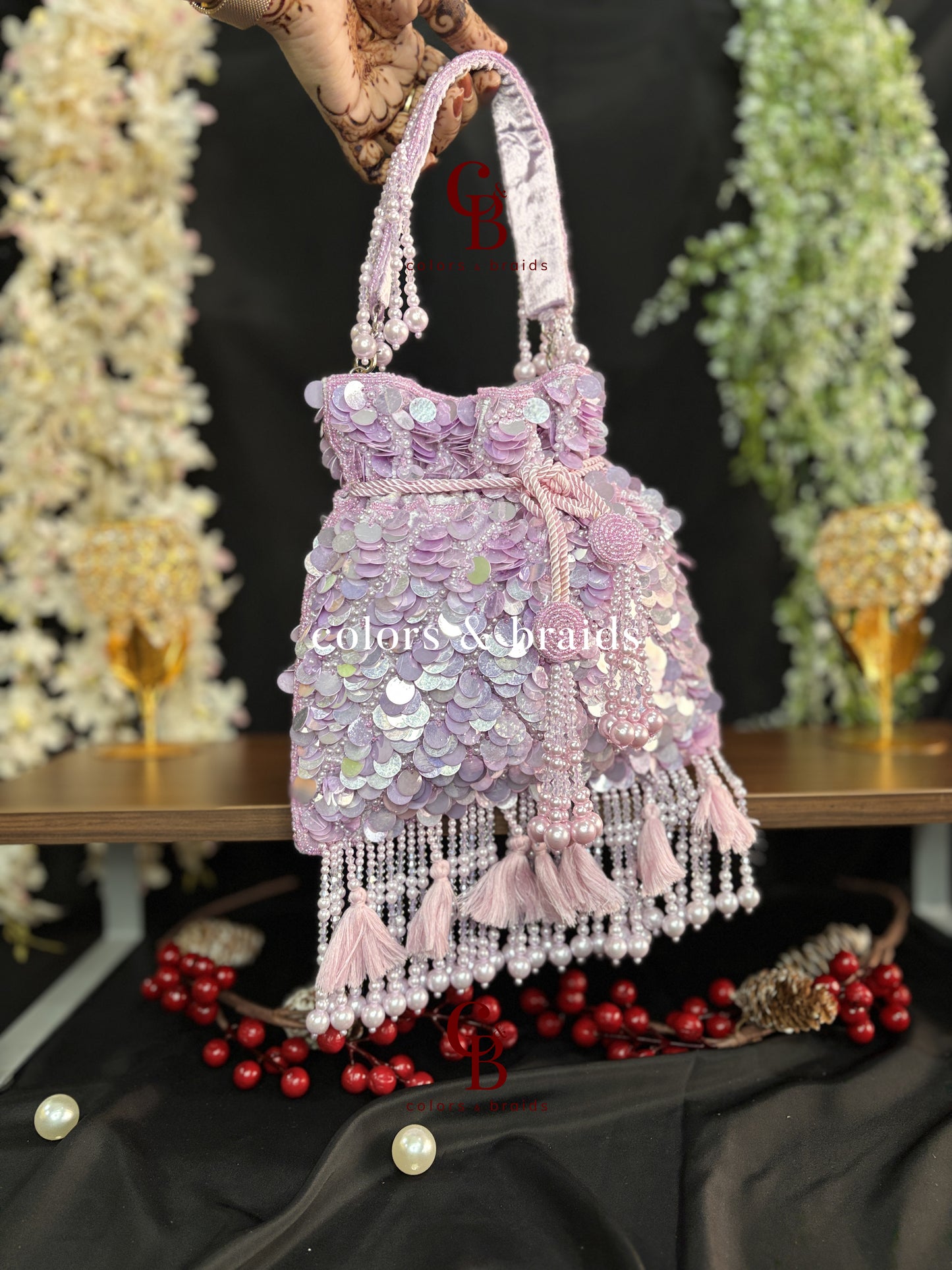 Big Sequin Potli with Feather and Pearl Tassels