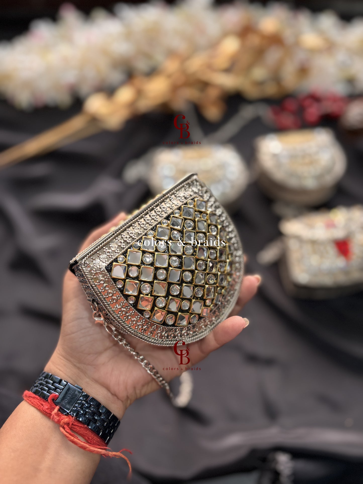 Zohra Mini Kundan Clutch - SIlver