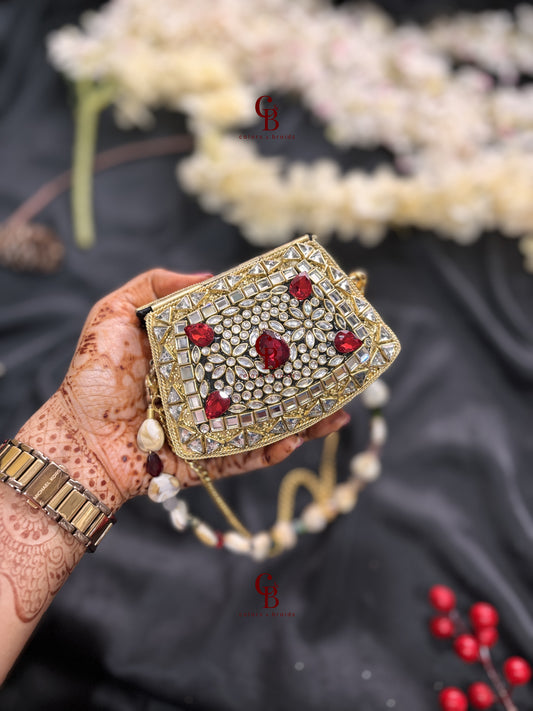 Mini Brass Clutch - Red Kundan Stones