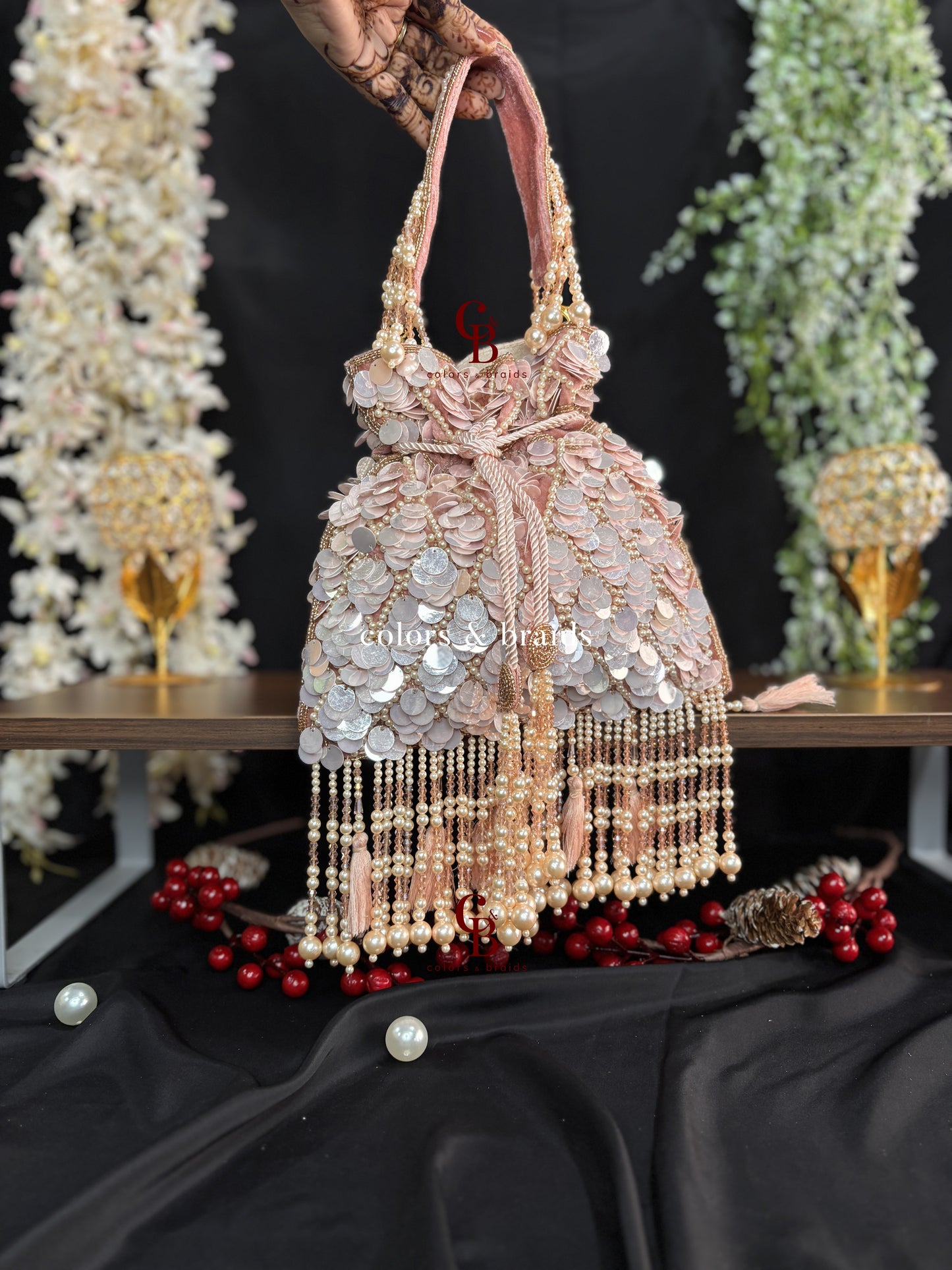 Big Sequin Potli with Feather and Pearl Tassels