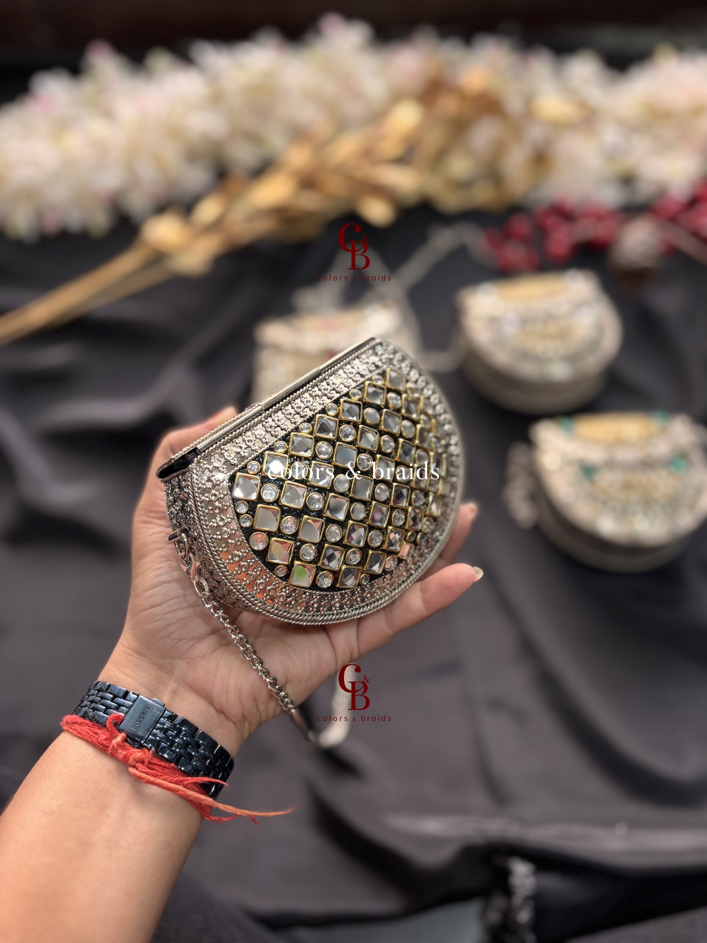 Zohra Mini Kundan Clutch - SIlver