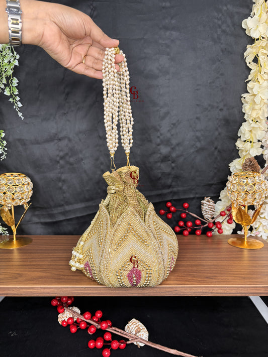 Lotus Pearl Potli With Wine Beads
