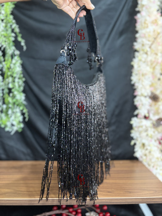 Moonlight Long Cut Dana Tassels Potli in black