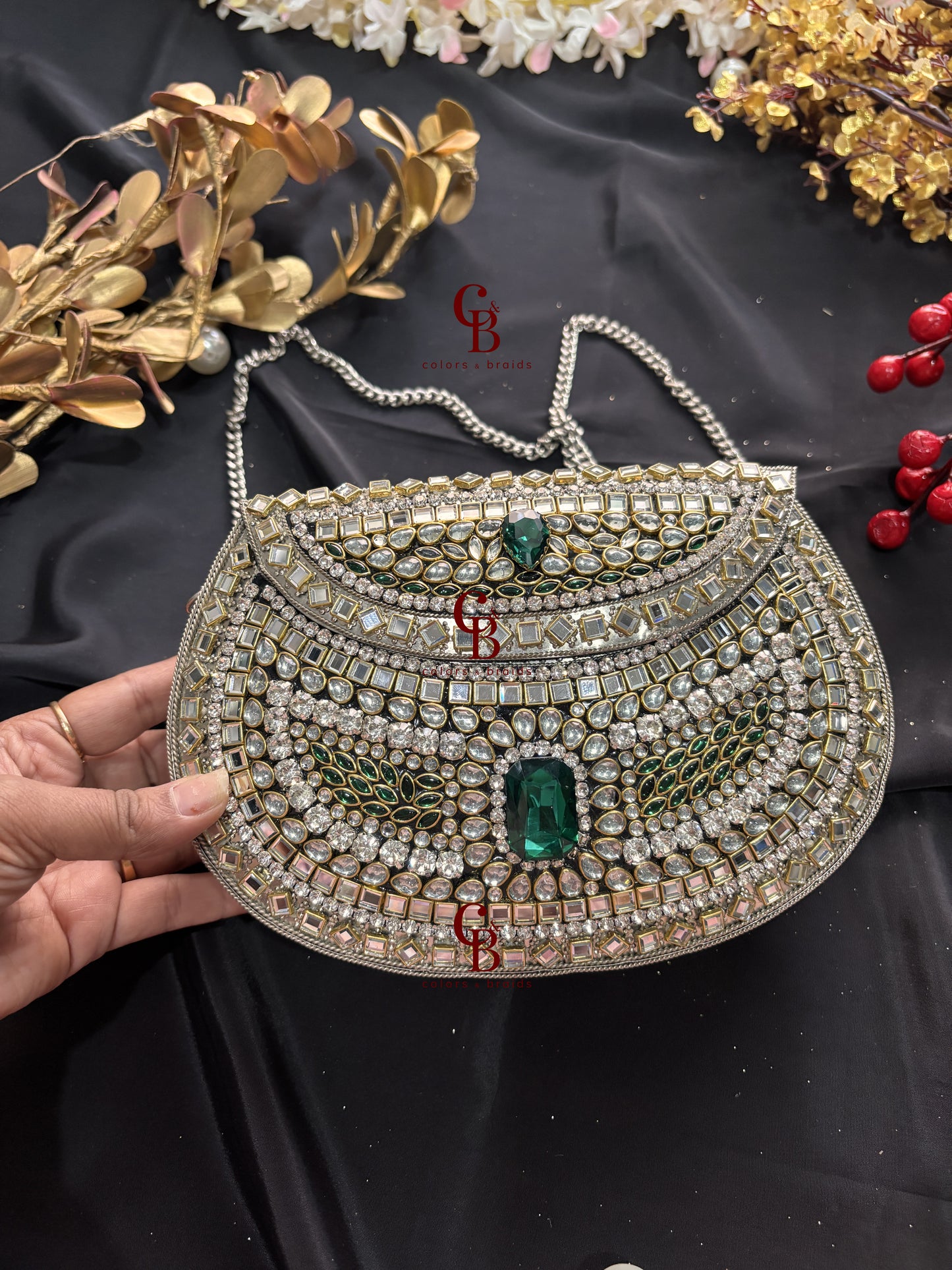Aafreen Green Crystal Silver Kundan Clutch