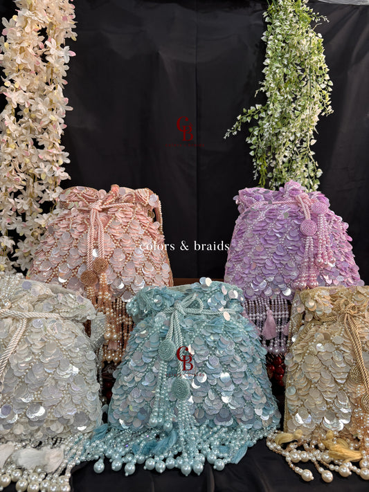 Big Sequin Potli with Feather and Pearl Tassels
