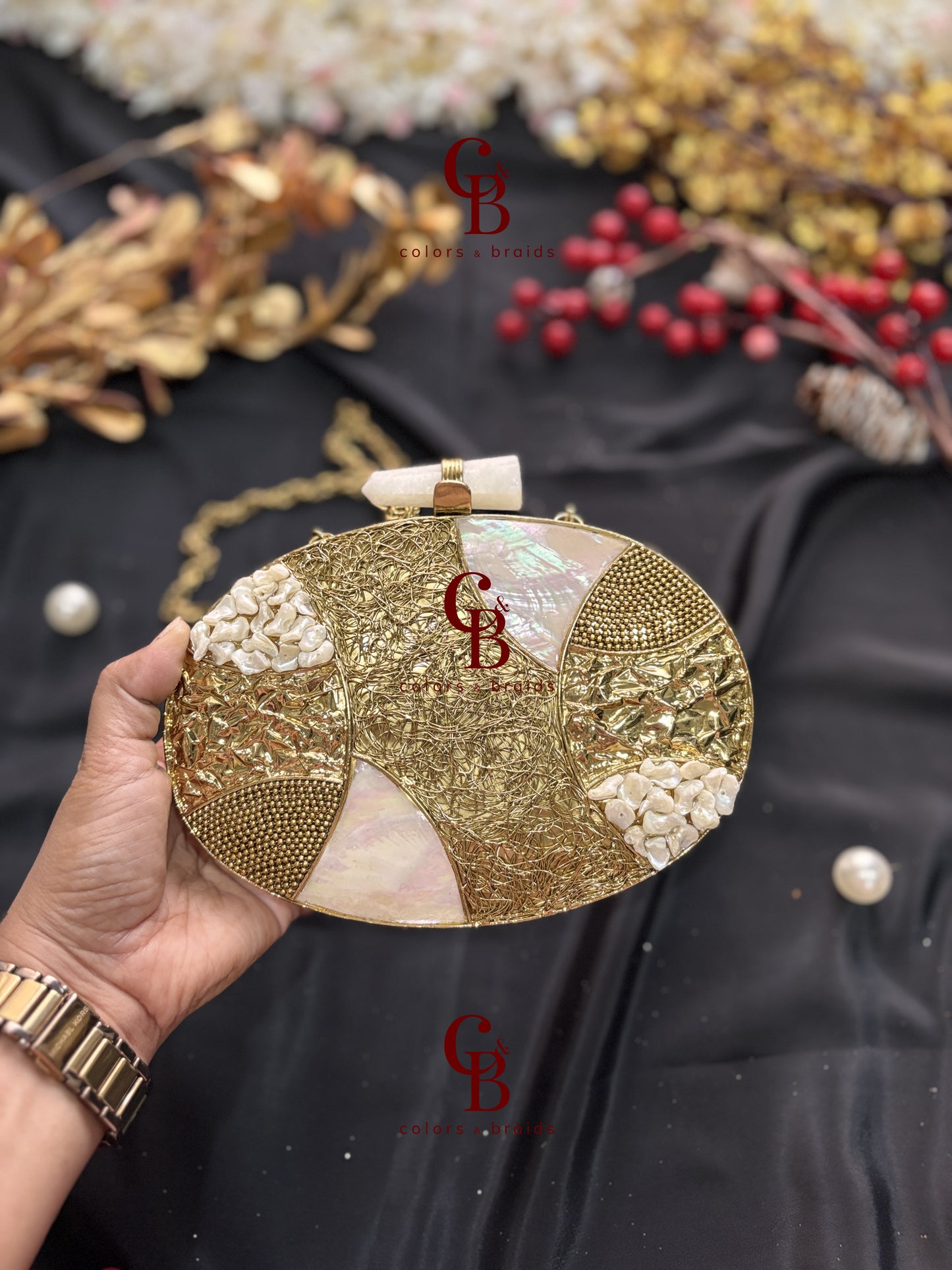 Tejasvi Mother of Pearl Brass Clutch - MOP Clutch