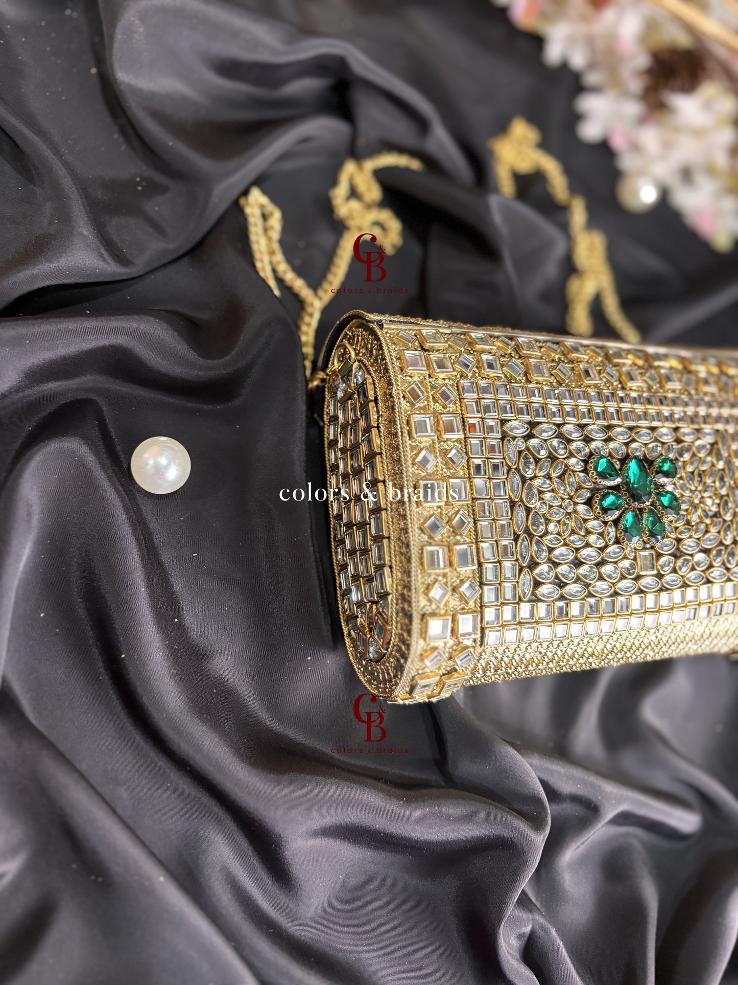 Alira Kundan and Green Crystal Clutch
