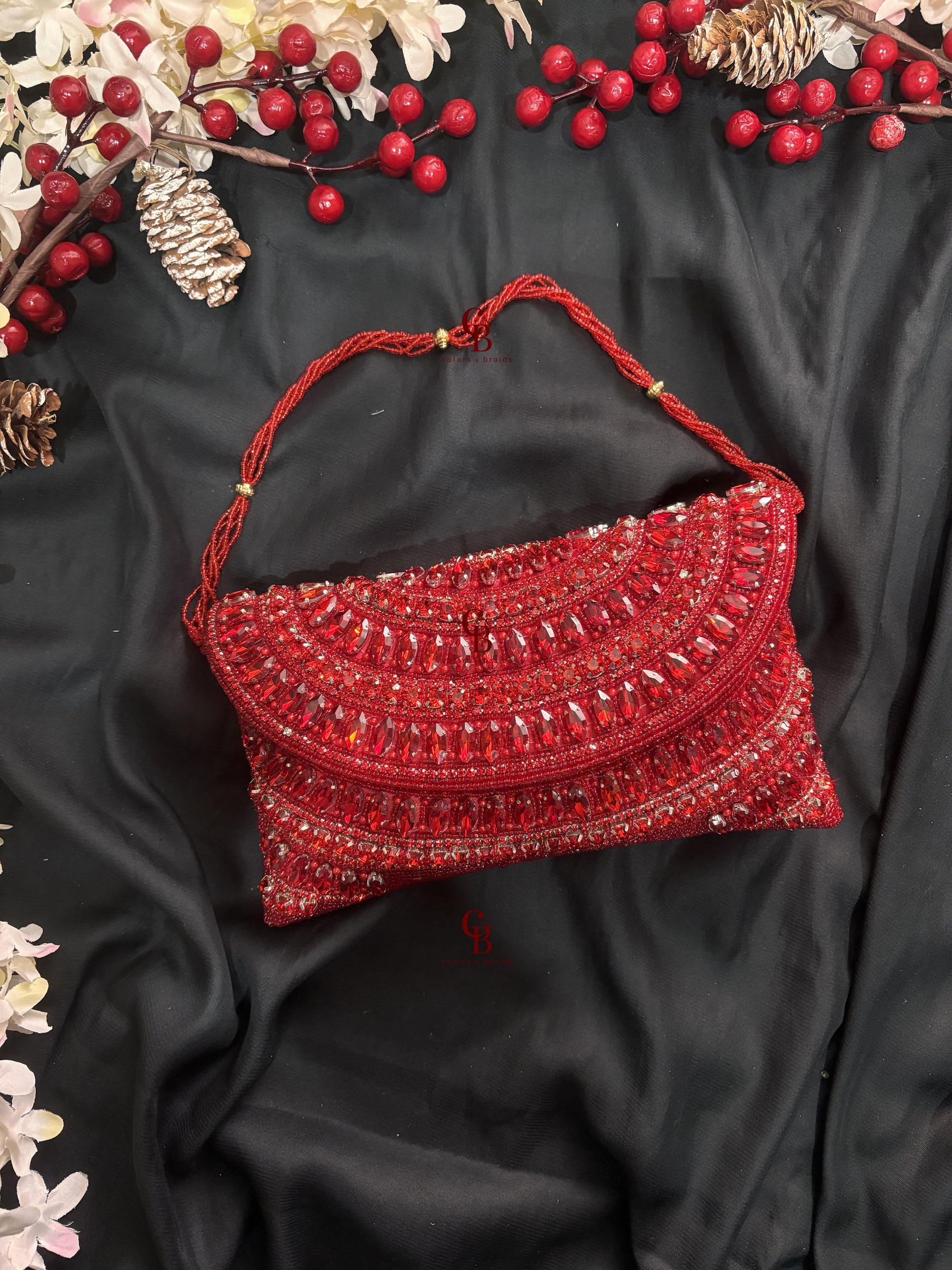 Crystal Glamour Enveloped Shaped Clutch In Red